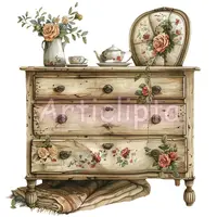 Vintage wooden dresser decorated with roses, featuring a tea set and floral pitcher. Watercolor nursery furniture clipart PNG for interior design scenes.