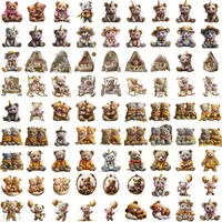 Cute Teddy Bear Clipart Bundle grid view showing variety of bears in warm neutral, yellow, and grey outfits, some with balloons and party hats. High-quality isolated PNGs.