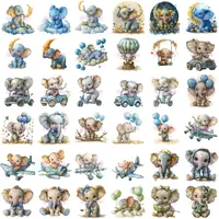 Watercolor Baby Elephant Clipart Bundle grid view showing 36 adorable elephants flying planes, riding scooters, holding balloons, and sitting on the moon or clouds. Excellent assortment for digital scrapbooking and planner stickers.