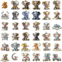 Watercolor Baby Elephant Clipart Bundle grid view showing 36 cute elephants in various poses and light brown/gray/blue outfits, many on clouds or sitting in cars. Variety of elements for sublimation and printable art.