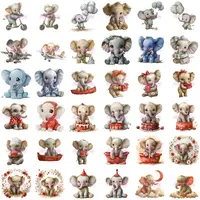 Watercolor Baby Elephant Clipart Bundle grid view showing 36 diverse elephants in red and gray outfits, riding bikes, holding balloons, or sitting on cakes. Full collection preview for digital scrapbooking and card making.