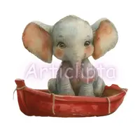 Watercolor cute elephant sitting in a red wooden rowboat. Nautical nursery animal clipart perfect for creating baby shower invites and wall decor.