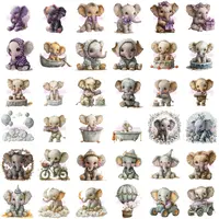Watercolor Baby Elephant Clipart grid view showing brown and gray elephants in various outfits, holding gifts, and on hot air balloons. Perfect for classroom decor and low content book interiors.