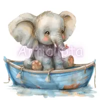 Watercolor baby elephant sitting in a blue wooden boat. Cute nautical animal clipart perfect for nursery wall art and boy baby shower invitations.