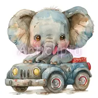Watercolor happy elephant driving a blue vintage jeep car. Cute traveler animal illustration suitable for kids apparel sublimation and sticker sheets.