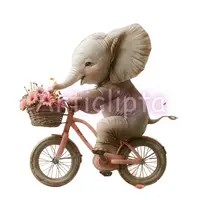 Watercolor elephant riding a pink bicycle with a basket full of flowers. Whimsical cycling animal illustration for greeting cards and spring designs.