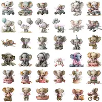 Watercolor Baby Elephant Clipart grid view showing gray elephants with balloons, gifts, birthday cakes, and in hooded outfits. Full collection preview of various poses. Transparent PNGs for scrapbooking.