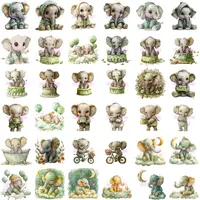 Watercolor Baby Elephant Clipart grid view featuring green-themed illustrations including elephants on cakes, in tubs, and wearing hooded pajamas. Full collection preview. Commercial use PNGs for activity books.