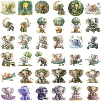 Watercolor Baby Elephant Clipart grid view showing green and night-themed illustrations like elephants sleeping on the moon, driving jeeps, and in hot air balloons. Transparent PNGs for educational resources.