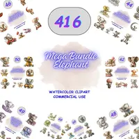 416 Mega Bundle Baby Elephant Watercolor Clipart featuring elephants in multiple colors like pink, blue, gold, and gray. Massive collection of isolated PNGs for commercial use.