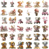 Watercolor Baby Elephant Clipart grid view showing pink and red-themed illustrations including elephants in cars, sleeping on clouds, and wearing hooded outfits. High-quality isolated PNGs for sublimation.