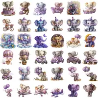 Watercolor Baby Elephant Clipart grid view featuring purple-themed illustrations including elephants in cars, on cakes, and with balloons. Assortment of styles perfect for digital scrapbooking and planner stickers.