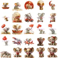 Watercolor Baby Elephant Clipart grid view featuring red themed illustrations like balloons, airplanes, and boats. Collection of cute sitting and riding baby elephants. High-quality isolated PNGs.