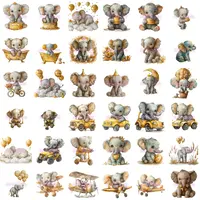 Watercolor Baby Elephant Clipart grid view featuring yellow and gold-themed illustrations including elephants in tubs, jeeps, and with balloons. Perfect for stickers, sublimation, and planner layouts.