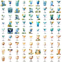 Full collection preview grid showing a large assortment of blue, teal, and creamy brown/white watercolor cocktail clipart. Perfect for creating bar menu designs or classroom decor.