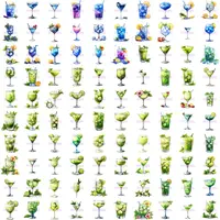 Collection of blue and green watercolor cocktail clipart in a contact sheet layout. Diverse glasses and garnishes including limes and blueberries. Commercial use transparent PNGs.