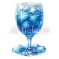Watercolor blue lagoon cocktail filled with ice cubes in a goblet glass. Refreshing icy drink clipart for summer menu designs and pool party flyers.