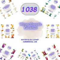 1038 Cocktail Mega Bundle featuring a massive collection of rainbow-colored watercolor drinks. Grid view preview of diverse beverage styles, perfect for scrapbooking and POD.