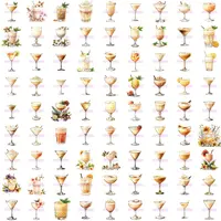 Full grid collection preview of cream-colored watercolor cocktail clipart, including frothy, creamy, and coffee-based drinks. Perfect for educational resources or low content book interiors.