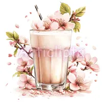 Watercolor pink milkshake cocktail garnished with cherry blossoms and a straw. Sweet floral drink clipart suitable for menu designs and summer planner stickers.