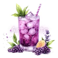 Watercolor purple cocktail drink garnished with mint leaves and blackberries. Refreshing lavender beverage illustration for sublimation and planner layouts.