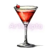 Watercolor red martini cocktail with a cherry garnish in a classic glass. Elegant cosmopolitan drink illustration for bar menus and invitation cards.