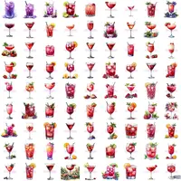 Assortment of berry-red and pink watercolor cocktail clipart in a contact sheet format. Diverse drink types for planner stickers, digital scrapbooking, and commercial use PNGs.