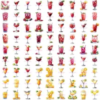 Contact sheet preview of red and yellow watercolor cocktail clipart bundle. Variety of drinks like daiquiris and spritzers shown for classroom decor or digital scrapbooking.