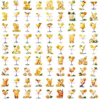 Full grid view of yellow and orange citrus watercolor cocktail clipart. Images include margaritas and aperitifs. High-quality isolated PNGs for print on demand sublimation.