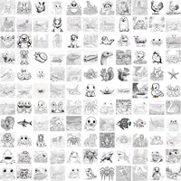 Collection grid of land and aquatic animals including tigers, sharks, swans, and insects. Detailed JPG coloring illustrations for various creative projects.