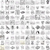 Grid display of cute cartoon animal coloring pages including penguins, flamingos, and fish. Variety of backgrounds for kids' coloring books and printables.