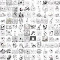Grid view of 100 animal coloring pages including gorillas, eagles, and hippos. High-quality line art illustrations for comprehensive educational coloring books.