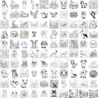 Full collection preview of 100 coloring pages featuring horses, hummingbirds, and various mammals. Extensive JPG background set for professional book designers.