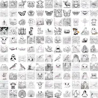 Grid view of various animal coloring illustrations such as moose, butterflies, sharks, and birds. Full collection preview for nursery wall art and classroom posters.