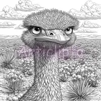 Detailed ostrich portrait coloring page with desert landscape background and clouds. Intricate bird line art illustration for adult coloring books.