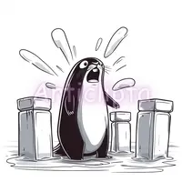 Funny seal splashing in water with ice blocks coloring page outline on white background. Cartoon aquatic animal illustration for kids crafts and education.