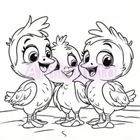 Three adorable cartoon chicks standing together coloring page outline on white background. Black and white bird line art illustration for children activity books.