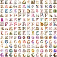 Grid view showing variety of watercolor alphabet letters E, F, and G clipart designs, featuring cute animals like flamingos, foxes, and giraffes. High-quality transparent PNGs for sublimation and activity books.