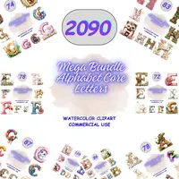 2090 Animal Alphabet Letters Mega Bundle featuring decorative initials with cute creatures and floral elements. Grid view showing a massive variety of styles for educational resources.
