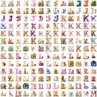 Watercolor Alphabet Clipart Bundle grid showing the variety of letters J, K, L, and M decorated with leopards, koalas, and lions in pastel tones. Perfect for scrapbooking and planner layouts.