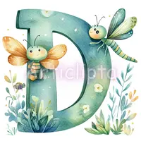 Watercolor alphabet letter D featuring cute dragonfly and bee characters. Nursery art font element with floral accents. Isolated PNG for sublimation.