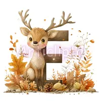 Watercolor alphabet letter E featuring a cute baby deer and autumn leaves. Woodland nursery font element. Isolated PNG for fall sublimation.