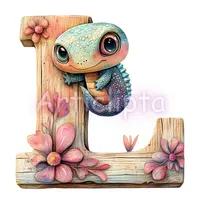 Watercolor wooden letter L with a cute blue lizard and pink flowers. Reptile alphabet character for children's decor. Isolated PNG for sublimation.