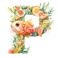 Watercolor floral letter P featuring a bright orange fish and sea plants. Ocean theme alphabet clipart for kids designs. Isolated PNG for sublimation.