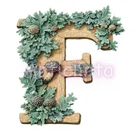 Watercolor wooden letter F decorated with green oak leaves and small mushrooms. Forest typography element for nature designs. Isolated PNG for scrapbooking.