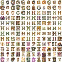 Watercolor Letters G H I alphabet clipart grid view featuring a vibrant assortment of oak wood textures, colorful fungi, and moss. Great for planner layouts, digital scrapbooking, and printable resources.