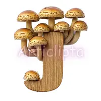 Watercolor wooden letter J featuring tall golden mushrooms. Rustic forest alphabet character for woodland themes. Isolated PNG for sublimation.