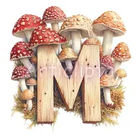 Watercolor wooden letter M covered in red fly agaric mushrooms. Cottagecore typography element with fungal details. Isolated forest PNG for scrapbooking.