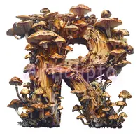 Watercolor wooden letter R densely covered in brown forest fungi. Rustic alphabet element for cottagecore projects. Isolated PNG for sublimation.