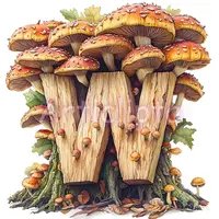 Watercolor wooden letter W overgrown with forest mushrooms and moss. Nature inspired typography for woodland themes. Isolated PNG for crafting.